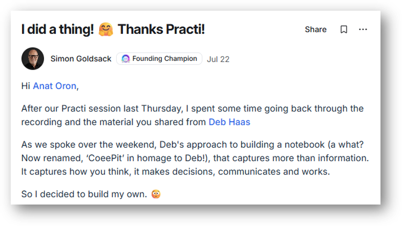 Simon Goldsack thanking Practi after a session and building his own notebook inspired by Deb Haas